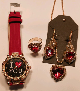 Red And White Jewelry Earrings, Necklace, Ring, And Watch