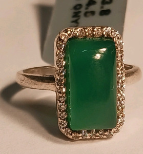 Green Onyx CZ Square 925 Silver Ring (size 4.5)