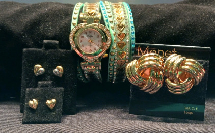 (2) Heart Earrings, Heart Wrap Around Watch (Teal) Gold Earrings