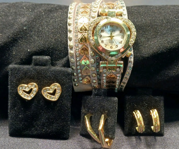 (3) Set Earrings, Brown Heart Wrap Around Watch