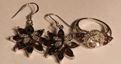 Earring Ring Set. Smokey Onyx Dragonfly Earrings, Oval Gemstone W smoky Onyx 925 Ring (size 7)