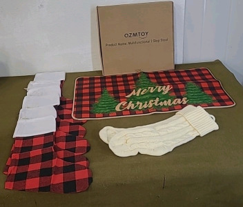 (1) 6-Count Christmas Stocking Set, (1) Christmas Floor Mat, (1) Pair Of Christmas Socks, White, (1) OZMTOY 2-Step Stool & (1) Box Of Assorted Christmas Decor & Amazon Overstock/ Returns