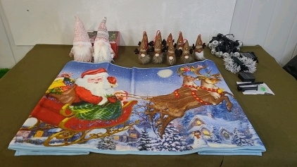 (1) Pair Of D-FantiX Lighted Christmas Gnomes, (1) 9-Piece D-FantiX Reindeer Gnome Ornament Set, (2) LED Solar Light Strings, (1) Christmas Floor Mat Runner 24" x 70" & (1) Box Of Assorted Christmas Decor & Amazon Overstock/ Returns