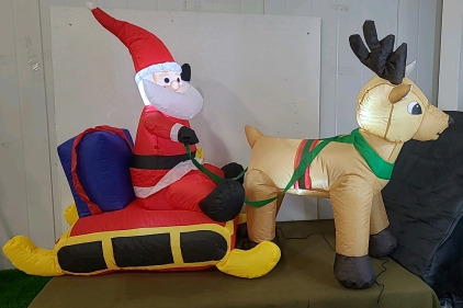 (1) Self Inflating & Lighted Santa & Sleigh Outdoor Decoration & (1) Box Of Assorted Christmas Decor & Amazon Overstock/ Returns