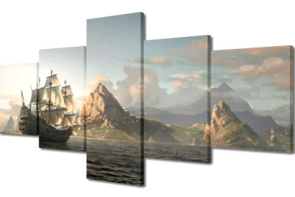 (1) TUMOVO Seascape Wall Art for Living Room Sailboat Poster Stretched Canvas Home Wall Landscape Art 5 Panels Framed Home Decor Artwork Prints Ready to Hang<br/>