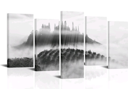 (1) RnnJoile Black & White Forest Canvas Wall Art, Misty Mountain Canvas Prints, Landscape Art 5 Panels Ready To Hang, 60"W x 32"H