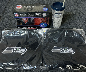 Seattle Seahawks Head Rest Covers, Seahawks Tumbler, And Chicago Bears