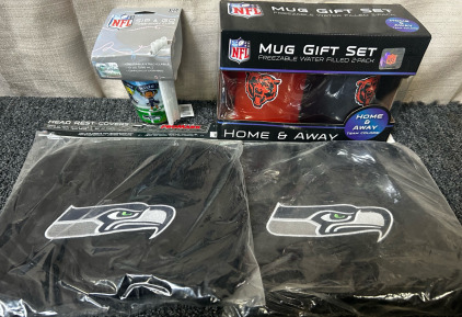 Seattle Sweahawks Sip&Go Cupss, Sweahawks Head Reat Covers, And Chicago Bear 2 Pack Cups