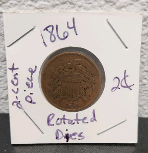 (1) 1864 2-Cent Piece Coin W/ Rotated Dies In Protective Case