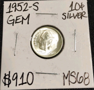 (1) 1952-S MS68 Gem Silver Roosevelt Dime Coin- Unverified