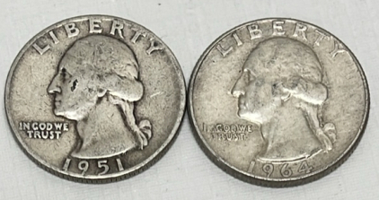 (2) Washington Silver Quarters Dated 1951 And 1964