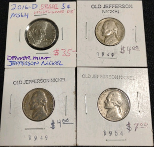 ((2) 1949, (1) 1954, (1)2016-D) Vintage Jefferson Nickel Coins