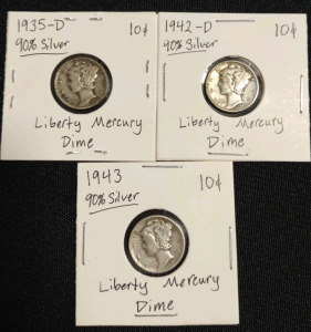 (3);1935-D, 1942-D, 1943 90% Silver Mercury Dime Coins