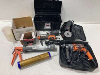 Bin of Assorted Tools, Electric Saws, Rigid Corded Drill, Nails, Husky Tool Box and much more!!