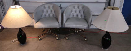 (2) (Tan) Leather-Like Mid-Century Rolling Chairs w/ (2) (Black) Mid-Century Lamps w/ Shades