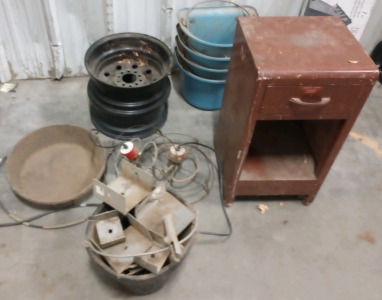 (1) Metal Shop 1 Drawer Cabinet (2) Wheels FWD 15 x 6 5 x 4.25/4.5 (4) Plastic Buckets (2) Heat Lamps (1) Bucket Of Concrete Beam Brackets and more (capybara)