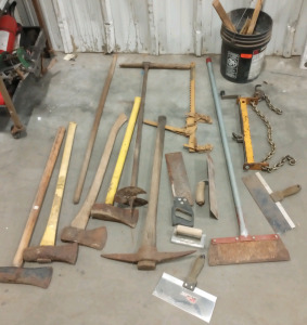 (4) Axes (1) Pickaxe (1) Hand Saw (3) hand scrapers (1) Hand Edge Trowel (1) Trowel (1) Clamp And More (capybara)