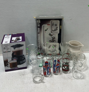 Nostalgia ‘50s Style Hot Chocolate Maker, Various Glass Vases, (3) Glass Pitchers, Assortment of Holiday Glass Cups, Large Ceramic Pitcher, Holiday 3pc. Lacquerware Set, and More