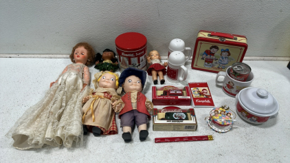 Vintage Campbells Lunch Tin, Vintage Campbells Boy and Girl Kids Dolls, (2) Campbells Die-Cast Trucks Souvenirs, Campbells Salt and Pepper Shaker, Vintage Campbells Rubber Kids Doll, and More Campbells Collectibles