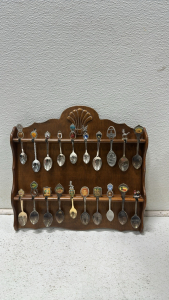 (20) Various Collectible Souvenir Spoons, Souvenir Spoon Display Rack