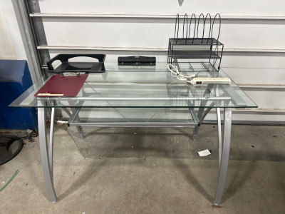 Silver Metal Office Desk with Glass Desktop, RCA Power Strip, Wire Desktop Organization Rack, 3 Ring Hole Puncher, Metal Clipboard, Paper Storage Tray