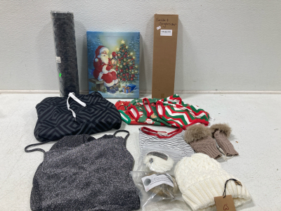 Amazon Overstock, (2) Outside Door Mats, Christmas Decor, Womens Clothes, Kids Clothes, Men’s Clothes, Gloves, Beanies And More!!