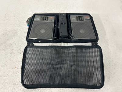 1984 Vintage Unitech St-2 Two Way Speakers & Soft Sided Bag Tote with Strap w/ Box of Various Electronics