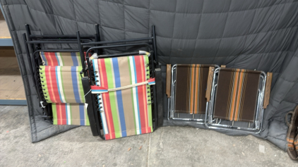 (2) Vintage Canvas/Wood Folding Chairs(2) Mainstays Multi-Color Outdoor Folding Lounge Chairs
