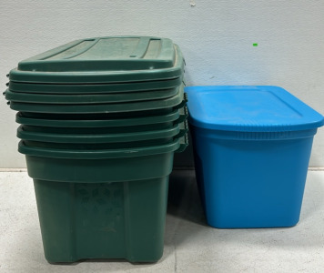 (4) Large Green Rubbermaid Hinged Storage Bins with Lids, Blue Plastic Storage Bin with Lid