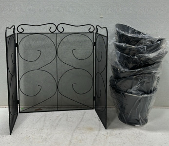 Lizh Metalwork 3-Panel Scroll Fireplace Screen, (6) Fireplace Coal Hod Buckets