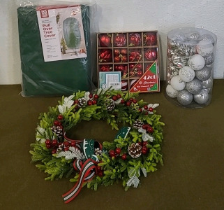 (1) Pull Over Christmas Tree Cover, (1) Artificial Wreath, (2) Packages Of Christmas Tree Ornaments & (1) Box Of Assorted Christmas Decor