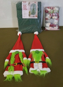 (1) Pull Over Christmas Tree Cover, (1) 2-Piece Gnome Tree Topper Set, (1) 10-Piece Gnome Ornament Set & (1) Box Of Assorted Amazon Overstock/ Returns