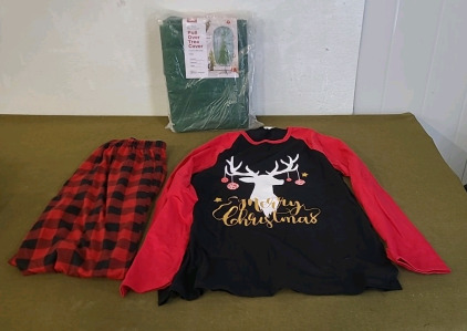 (1) Pull Over Christmas Tree Cover, (1) Pair Of Christmas PJ'S, Men's, L & (1) Box Of Assorted Amazon Overstock/ Returns