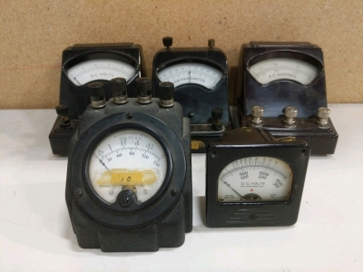 Electrical Analog Meters - (1) DC Volts Meter (1) Galvanometer (1) AC Volts Meter (1) AC Amperes Meter (1) High Voltage DC Volts Meter (r4)