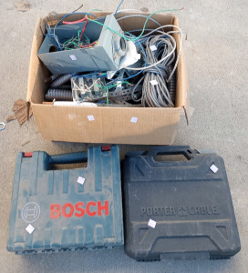 (1) Box of Assorted Electrical Equipment (1) Empty Bosch Case (1) Empty Porter Cable Case