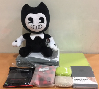 (1) Bendy Plushy (1) End of Life Planner (1) Two Pack of Knee Braces & An Amazon Returns Box (Nate)