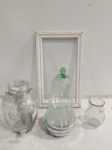 (5) Home Decor Items - (1) White Frame (1) Glass Beverage Dispenser (1) Green Cloche (1) Small Glass Pitcher (1) Turntable (1) Wood File Box