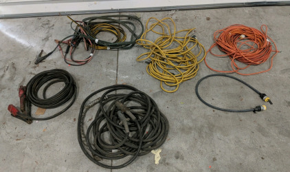 (5) Electrical Cable Collection - (1) Welding Cables (1) Jumper Cables (1) Yellow Extension Cords (1) Orange Extension Cord (1) RV Power Cord