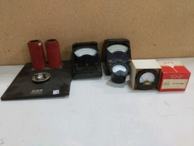 Electrical Devices - (1) Stansi Induction Coil (1) DC Volts Meter (1) AC Amperes Meter (1) Volt Meter (1) Triplett AC Amperes Meter (r4)