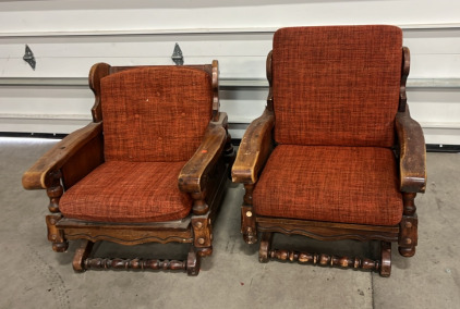 (2) Vintage Wooden Rocking Chairs W/ Orange Padding