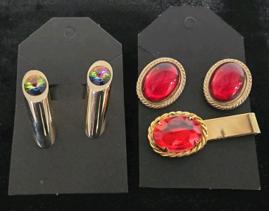 Vintage Gold Leaf Cuff Link And Tie Bar With Lab Rubies, Sterling Silver Cuff Links With Lab Emeralds