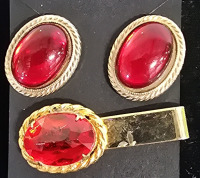 Vintage Gold Leaf Cuff Link And Tie Bar With Lab Rubies, Sterling Silver Cuff Links With Lab Emeralds - 3