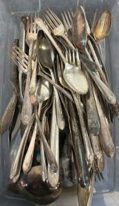 Tub Of Assorted Silver Utensils