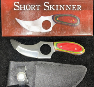 NEW Short Skinner 5” Pocket Knife With Stainless Steel Blade, Colorewood Handle, & Leather Sheath!