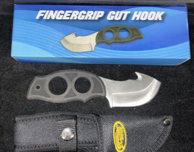 7 “ Fingergrip Gut Hook Pocket Knife With 3” Gut Hook Stainless Steel Blade, 4” Black ABS Handle, & Black Sheath