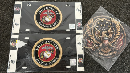 2 Marine Corps License Plates & Wooden Art Pride Honor Eagle