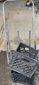 VINTAGE ROLLING CART WITH 2 MILK CRATES.