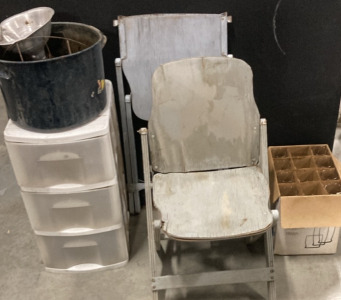 VARIETY OF GLASSES, PAIR OF VINTAGE FOLDING CHAIRS. PLASTIC 3 DRAWER ORGANIZER, AND MORE.