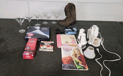 Ladies Size 8.6B Justin Boots ,Martini (5) Glasses Presto Salad Shooter,Slicer,Shredder. 50 Shades of Grey Party Game and Added Red Room Expansion Pack. Deceptively Delicious Cook Book.