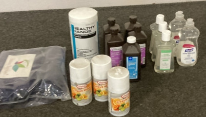 VARIETY IF HAND SANITIZER, AIR FRESHENER, HYDROGEN PEROXIDE, HEALTHY HANDS SANITIZING HAND WIPES, BAIRE BOTTLES SPRAY BOTTLES.